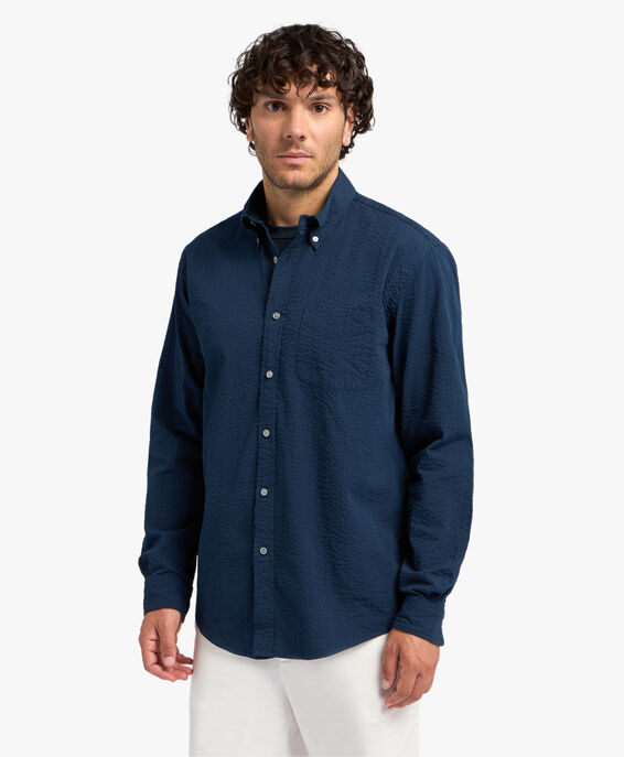 Brooks Brothers Navy Regular Fit Cotton Seersucker Sport Shirt with Button Down Collar Navy 1000095315US100200005