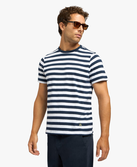 Brooks Brothers Navy Striped Linen and Cotton T-Shirt Navy and White 1000098368US100208817