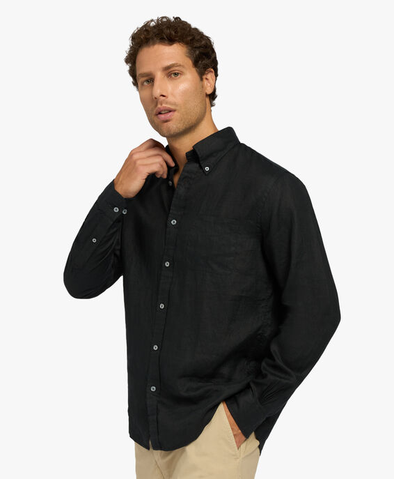 Brooks Brothers Black Regular Fit Linen Sport Shirt with Button Down Collar Black 1000095317US100210768